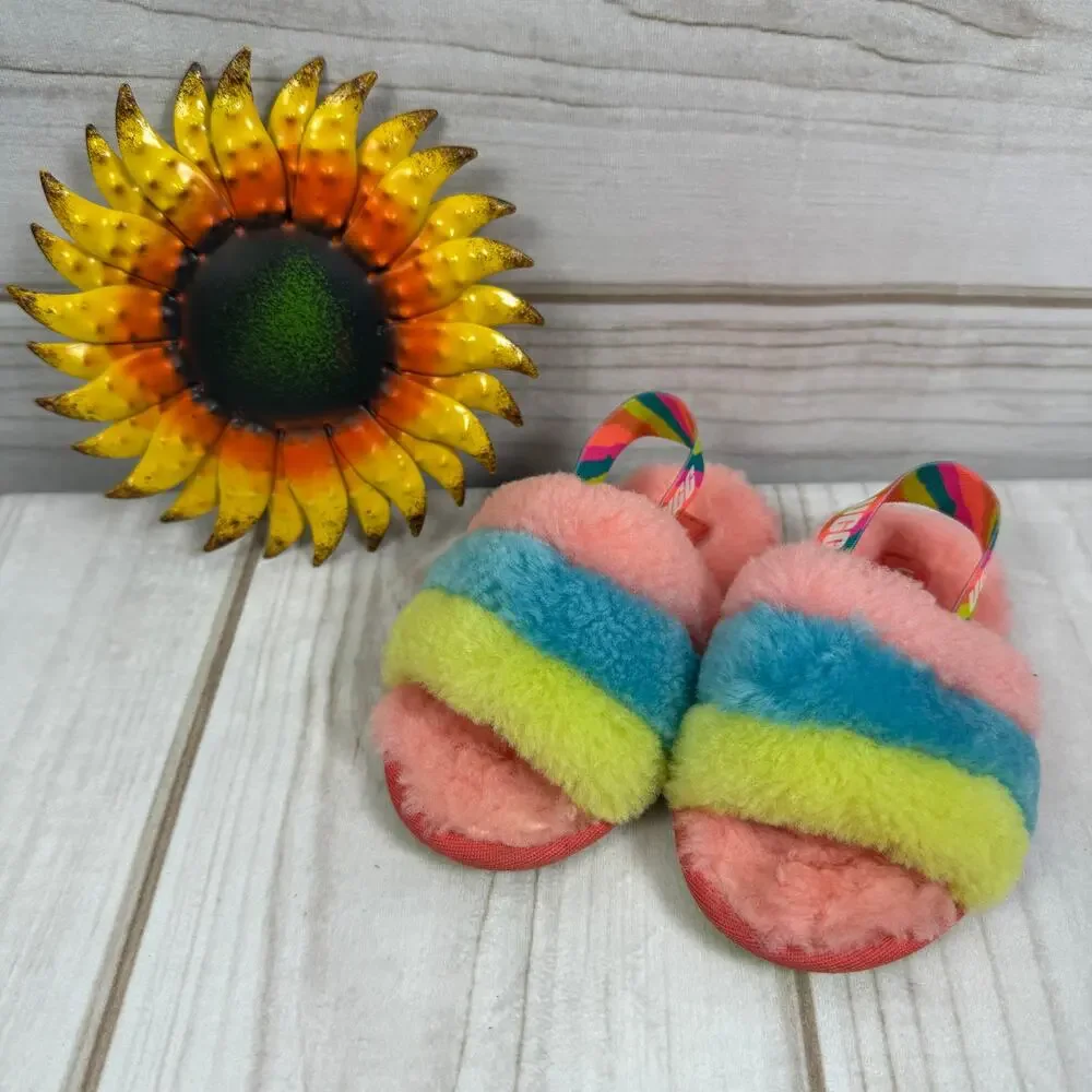 UGG Kids Rainbow Fur Fluff‎ Yeah Slides Slippers Pink Blue Yellow Size 9 Toddler
